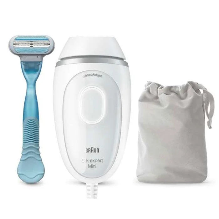 Фотоепилатор IPL Braun IPL Silk·expert Mini PL1124, SensoAdapt, 300 000 импулса, 3 нива на интензитет, Тяло и лице, Самобръсначка Venus, Чанта за път, Бял/Сив