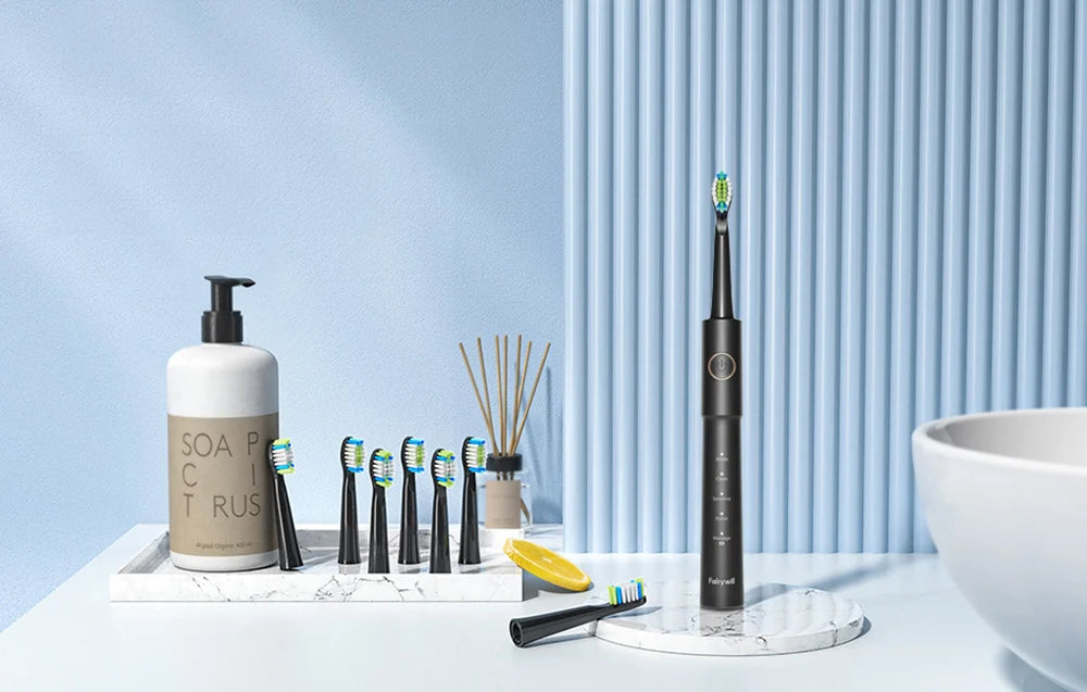 Електрическа ултразвукова четка за зъби FairyWill FW-E11 с 8 накрайника и калъф, Черен