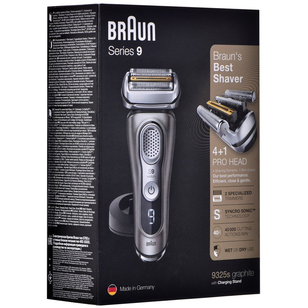 Самобръсначка Braun Series 9 9325s Wet&Dry, 40.000 режещи действия, SensoFlex, Sensofoil, Станция за зареждане, Комплект за пътуване, Сребрист/Графит