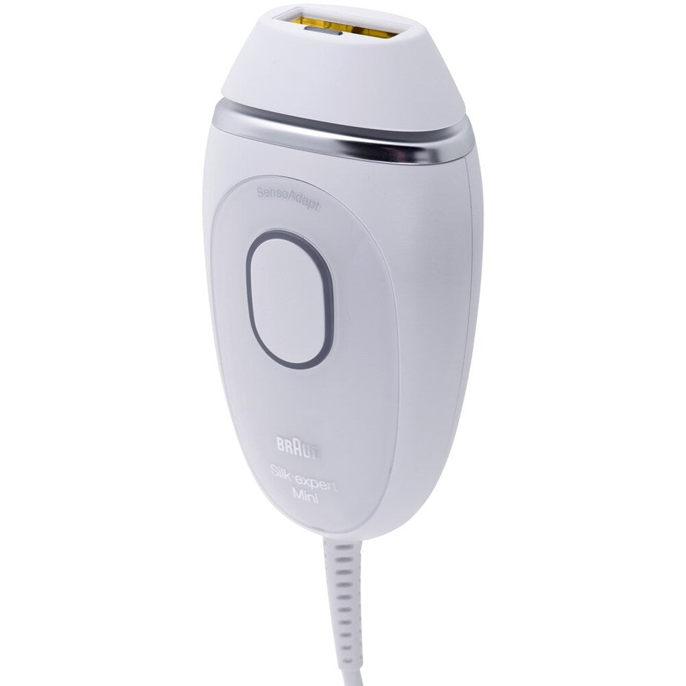 Фотоепилатор IPL Braun IPL Silk·expert Mini PL1124, SensoAdapt, 300 000 импулса, 3 нива на интензитет, Тяло и лице, Самобръсначка Venus, Чанта за път, Бял/Сив