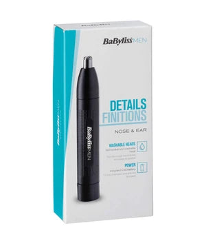 Тример за нос/уши BaByliss E650E, Сваляща и миеща се глава, Батерии, Черен