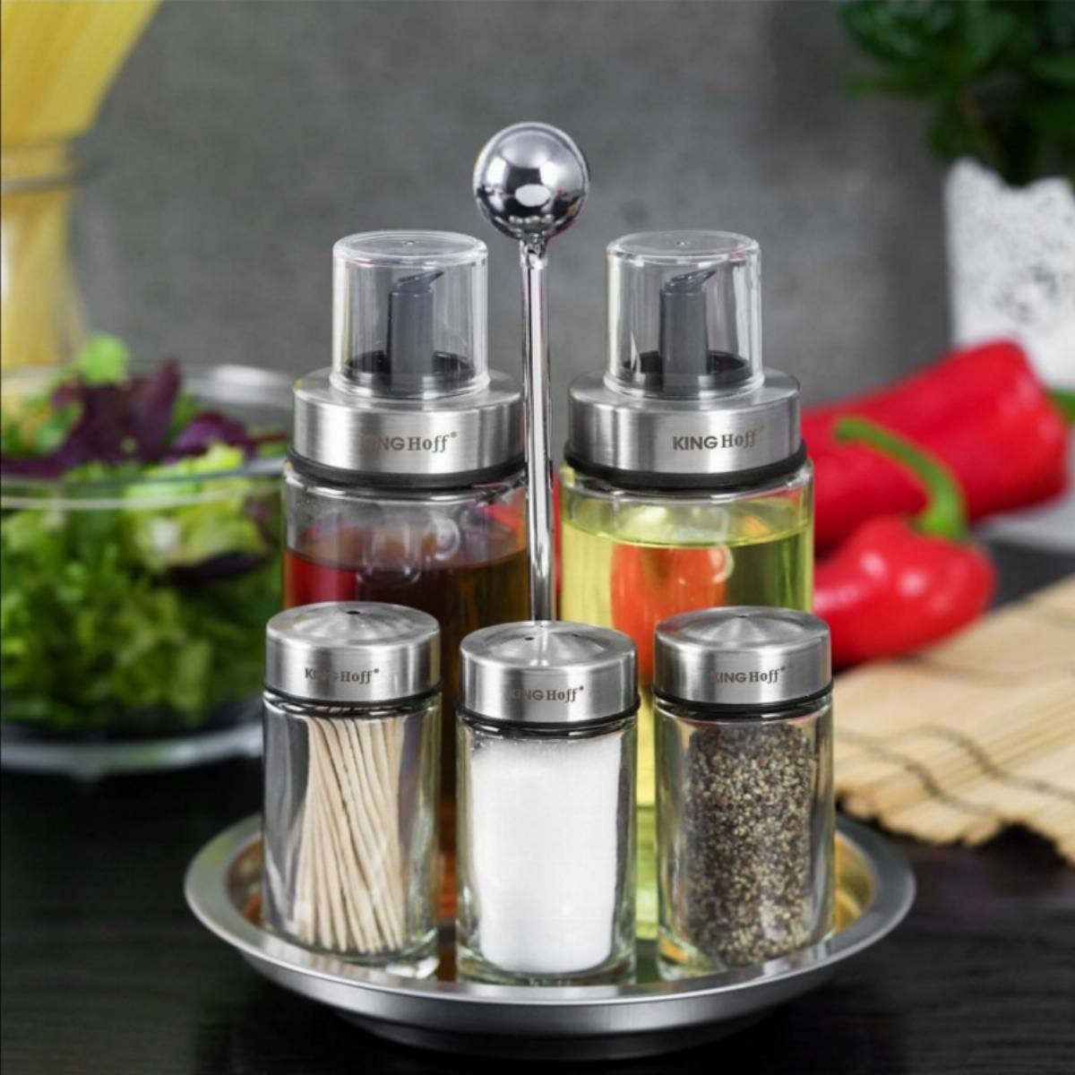 Комплект оливерник и солници Kinghoff 1648, 6 части, Въртяща се стойка, Стъкло/инокс