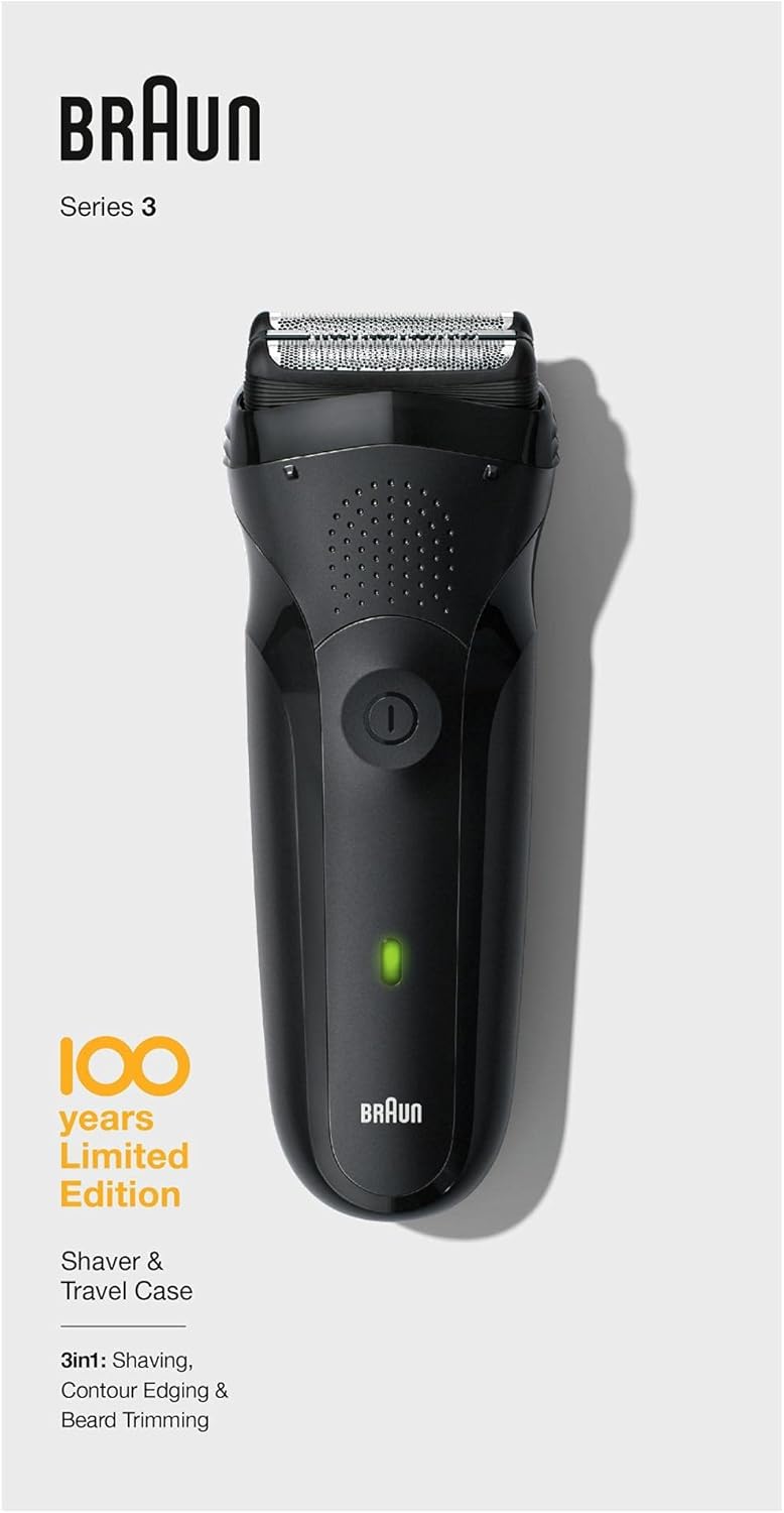 Самобръсначка Braun Series 3 MBS3 Max Braun 100 years Design Edition, Wet&Dry, 3 гъвкави остриета, + Тримерна глава, 5 гребена, Комплект за пътуване Design Edition, Черен