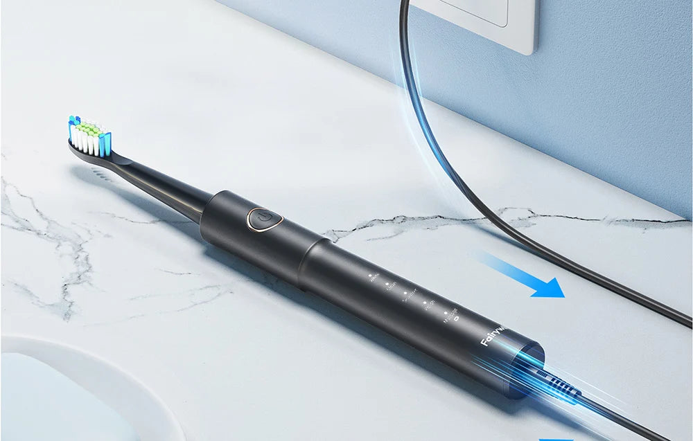 Електрическа ултразвукова четка за зъби FairyWill FW-E11 с 8 накрайника и калъф, Черен