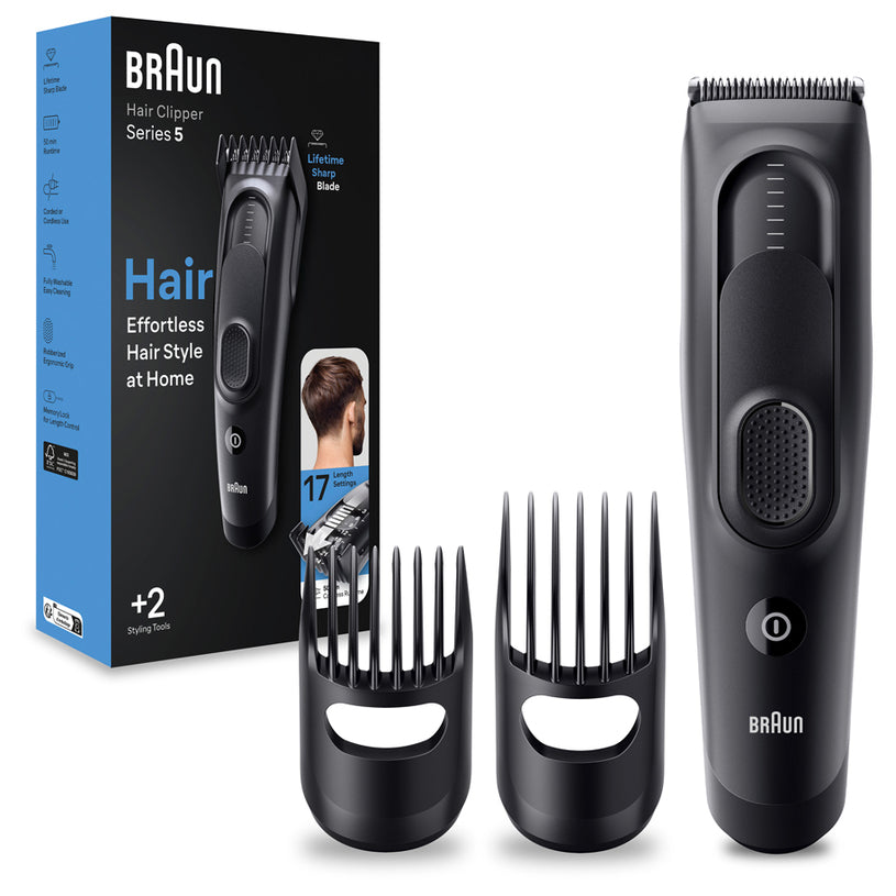 Електрическа машинка за подстригване Braun Series 5 HC5330, Memory Safety Lock, 17 настройки за дължина, 2 гребена, 50 минути живот на батерията, Черен