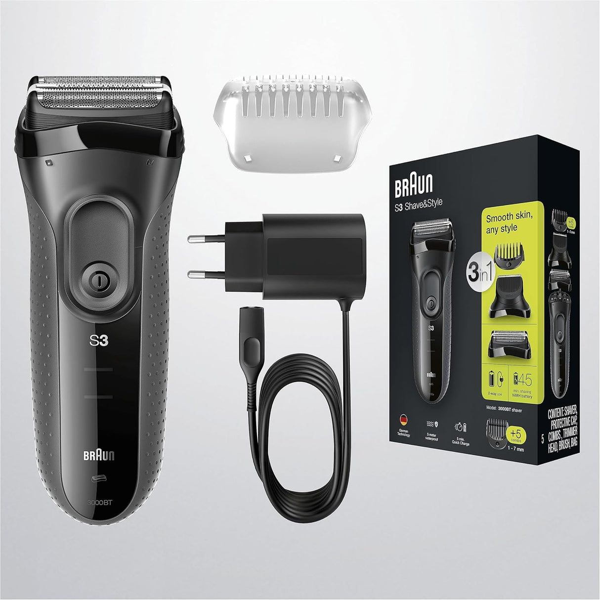 Самобръсначка Braun 3000BT Shave&Style 3в1, Тример, 5 аксесоара за бръснене, Сива
