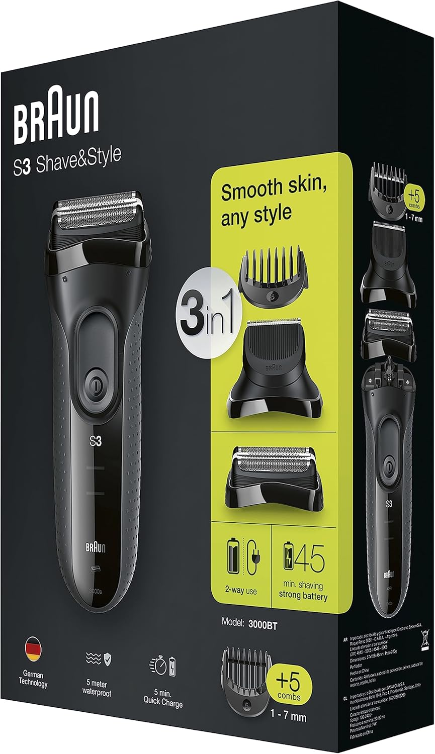 Самобръсначка Braun 3000BT Shave&Style 3в1, Тример, 5 аксесоара за бръснене, Сива