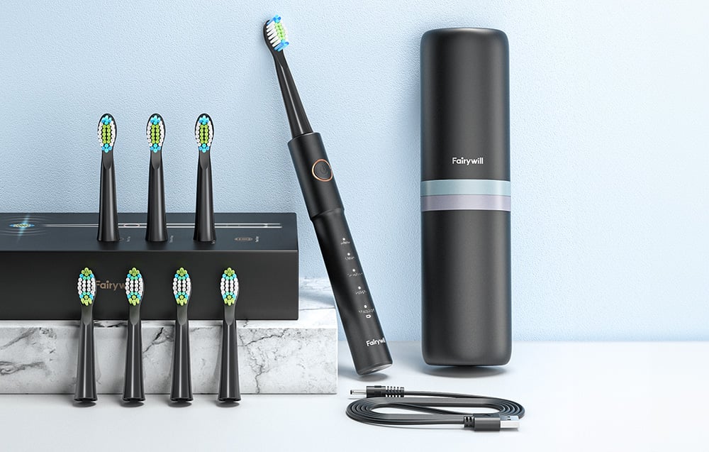 Електрическа ултразвукова четка за зъби FairyWill FW-E11 с 8 накрайника и калъф, Черен