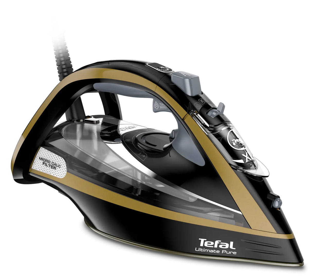 Ютия Tefal Ultimate Pure FV9865, 3000 W, Парна струя 250 гр/мин, Променлива пара 0-60 гр/мин, Резервоар за вода 350 мл, Плоча Durilium AirGlide Autoclean, Автоматично спиране, Черен/Златист