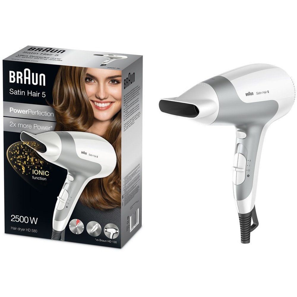 Сешоар Braun HD580, Йонизираща функция, 2500 W, 3 степени на температура, Бял