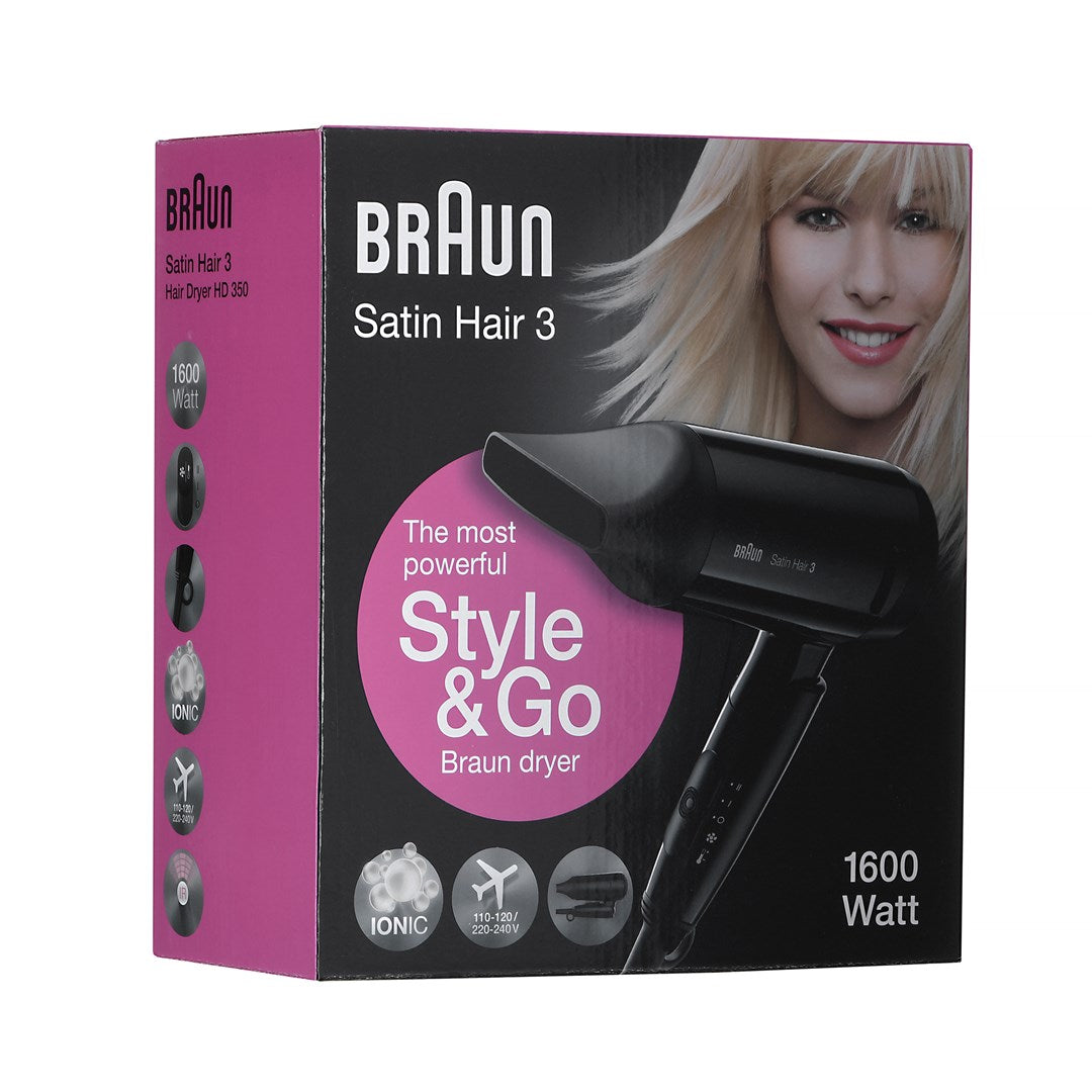 Сешоар Braun Satin Hair HD 350, 1600 W, 1 скорости, 2 настройки на температура, Йонизираща функция, Черен