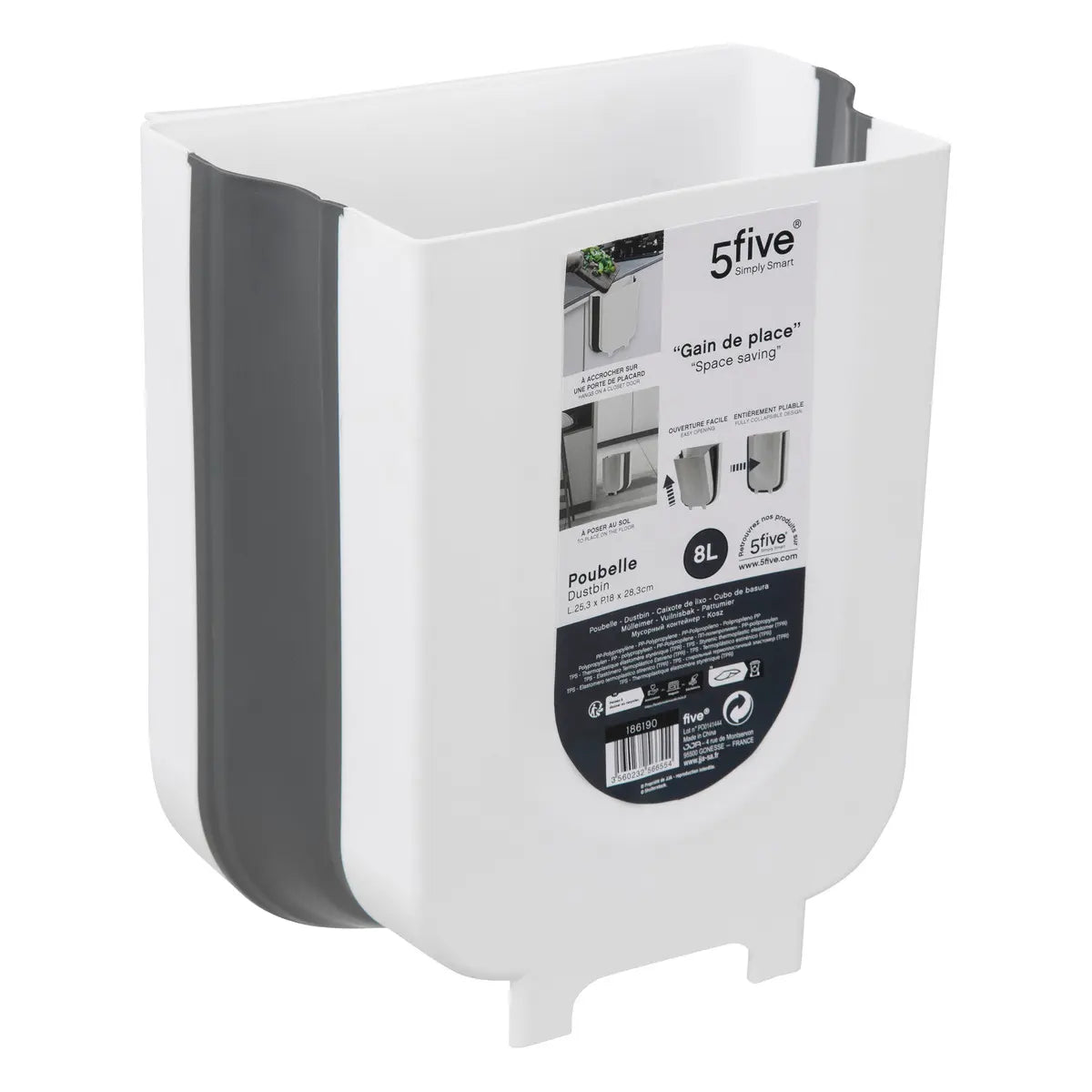 Кош 5five, Сив/Бял, Пластмаса, 8 l, Сгъваем