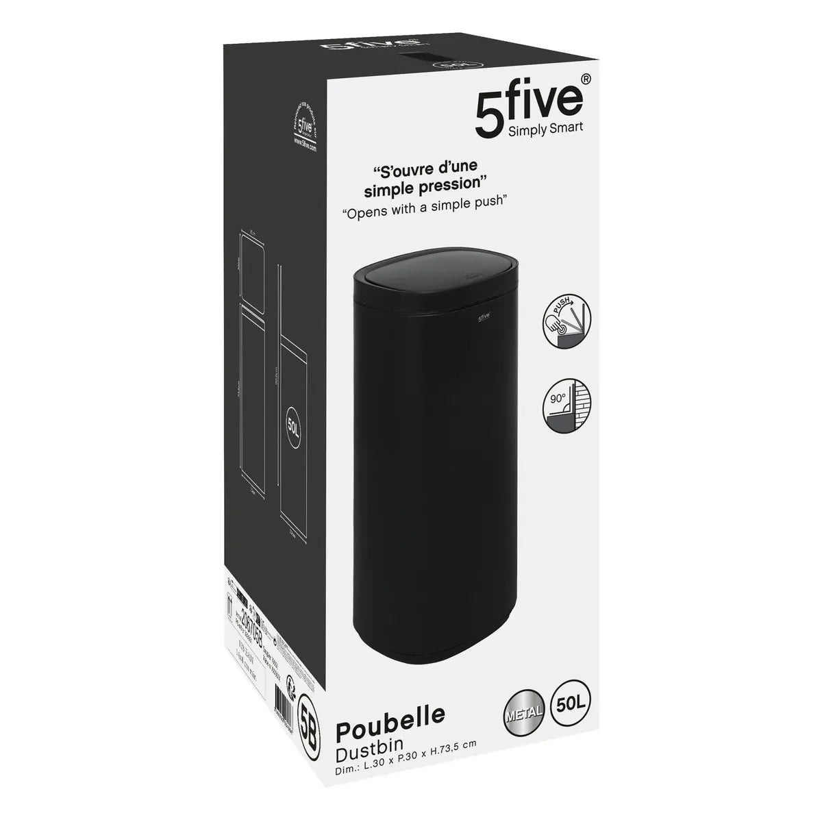 Кош 5five, Кръгъл, Инокс, Пуш бутон, 50 L