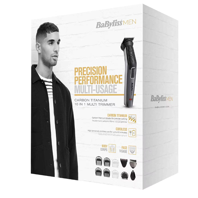 Тример BaByliss MT727E Carbon Titanium 10in1 Multi Trimmer, 10 аксесоара, 3 глави, Работа без батерия до 60 мин.