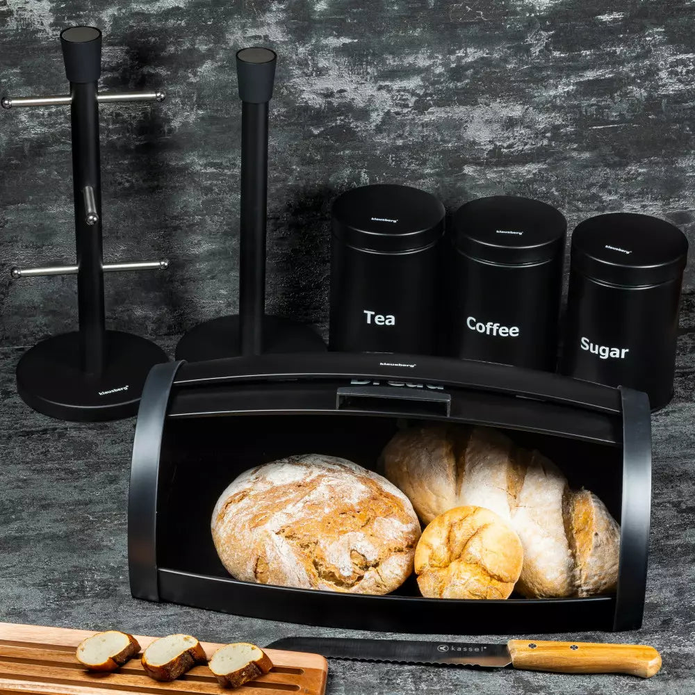 Комплект кутии за хляб и съхранение с поставки за хартия и чаши Klausberg 7236, Черен