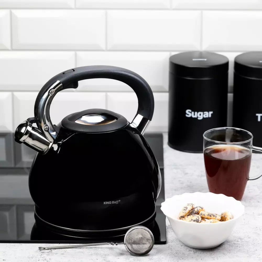 Свирещ чайник KingHoff 1221, 3.4 L, Мраморен ефект, Индукция, Черен