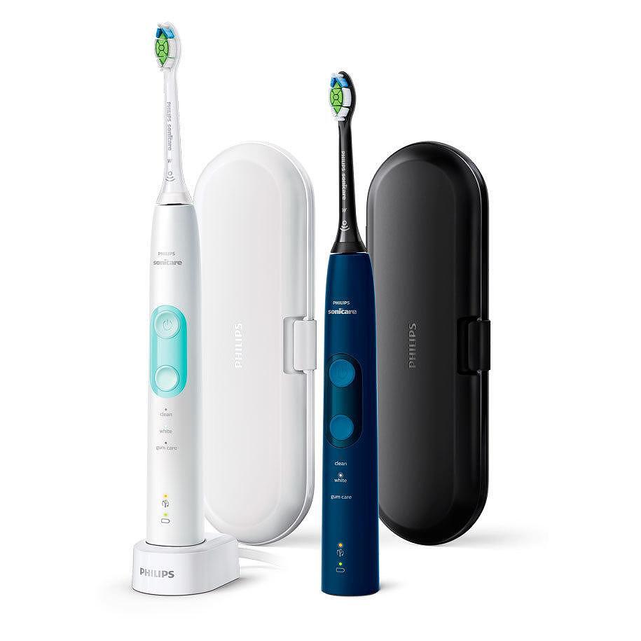 Комплект 2 електрически четки за зъби Philips Sonicare ProtectiveClean HX6851/34, 62000 движения/минута, 3 режима на почистване, Сензор за натискане, Функция BrushSync, 2 калъфа за носене, 2 глави за четки, Бял/Син