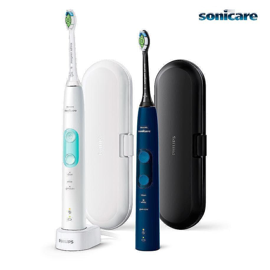 Комплект 2 електрически четки за зъби Philips Sonicare ProtectiveClean HX6851/34, 62000 движения/минута, 3 режима на почистване, Сензор за натискане, Функция BrushSync, 2 калъфа за носене, 2 глави за четки, Бял/Син