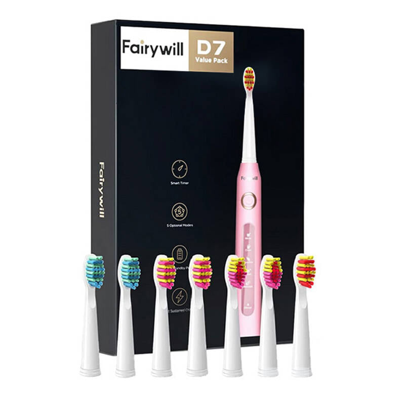 Електрическа ултразвукова четка за зъби FairyWill FW-507 с 8 накрайника и калъф, Розов