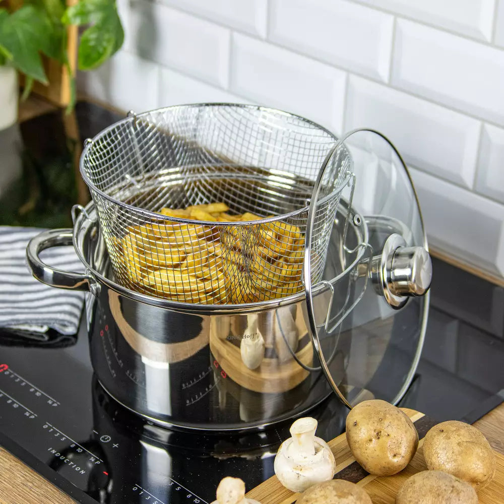 Тенджера KingHoff 1630 с капак и фритюрник, Инокс, 5.5L, 24 cm