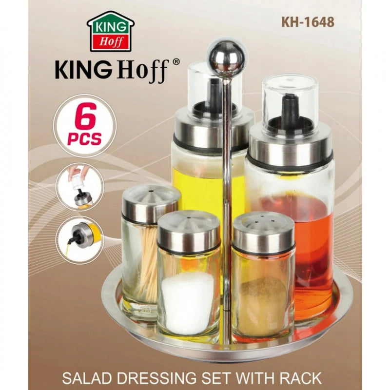 Комплект оливерник и солници Kinghoff 1648, 6 части, Въртяща се стойка, Стъкло/инокс