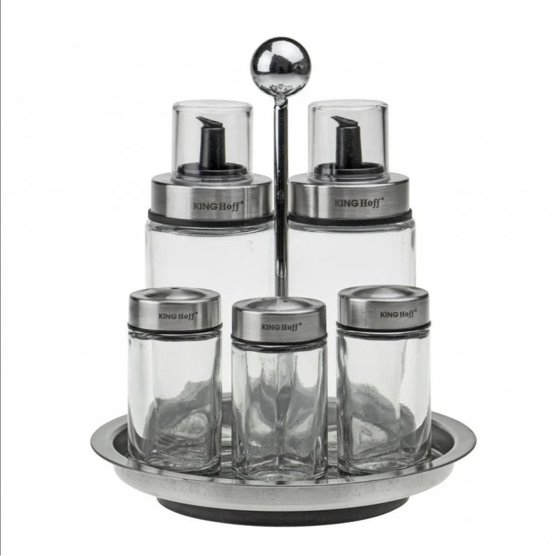 Комплект оливерник и солници Kinghoff 1648, 6 части, Въртяща се стойка, Стъкло/инокс