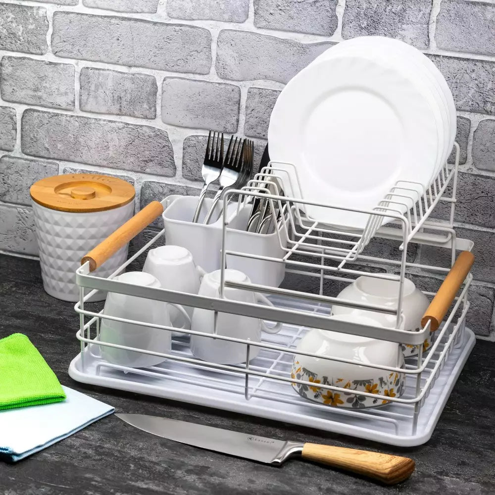 Сушилник за съдове Kinghoff, 2 нива, Поставка за прибори, Бамбук