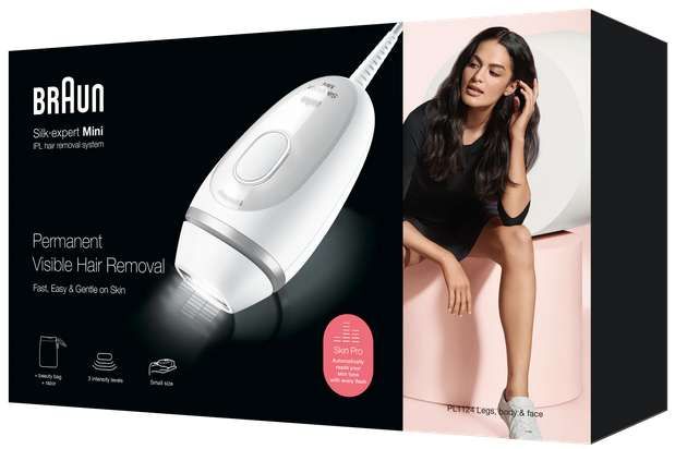 Фотоепилатор IPL Braun IPL Silk·expert Mini PL1124, SensoAdapt, 300 000 импулса, 3 нива на интензитет, Тяло и лице, Самобръсначка Venus, Чанта за път, Бял/Сив