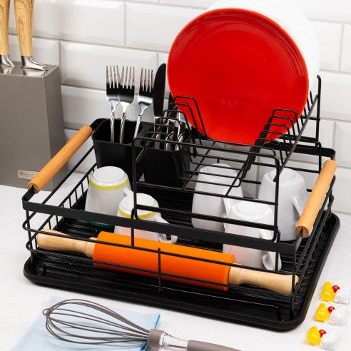 Сушилник за съдове Kinghoff, 2 нива, Поставка за прибори, Бамбук