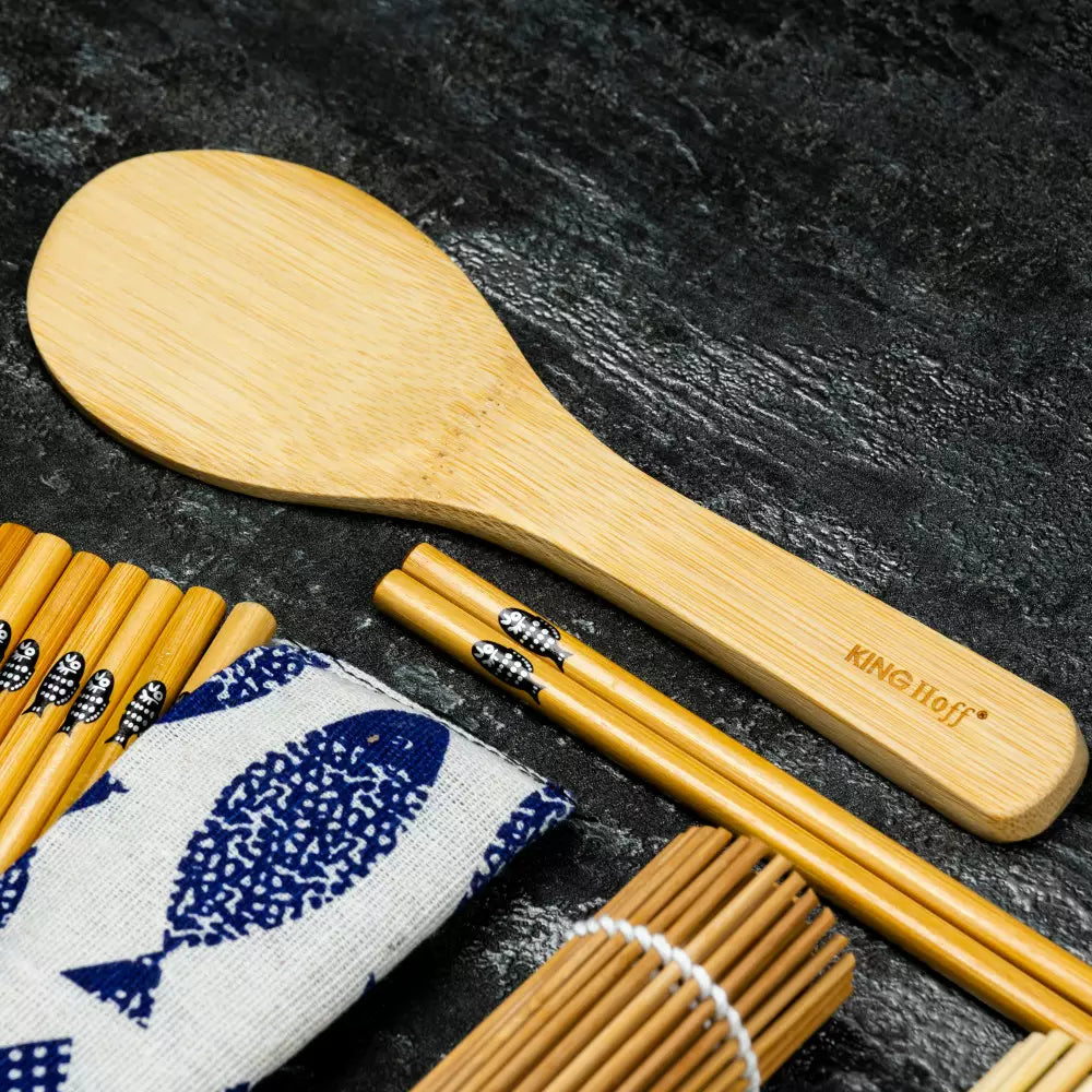 Комплект за суши KingHoff 1704, 11 части, Бамбук 100%, Без BPA, Кафяв