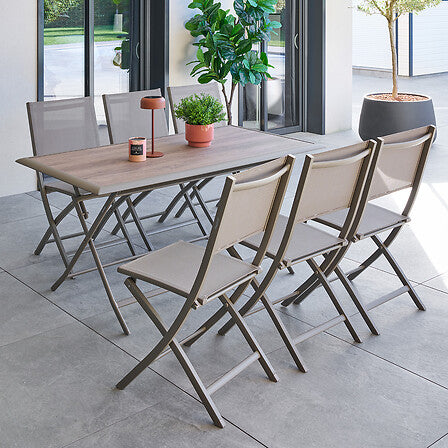 Azua folding table 6 seats glass printed wood effect truffle coffee