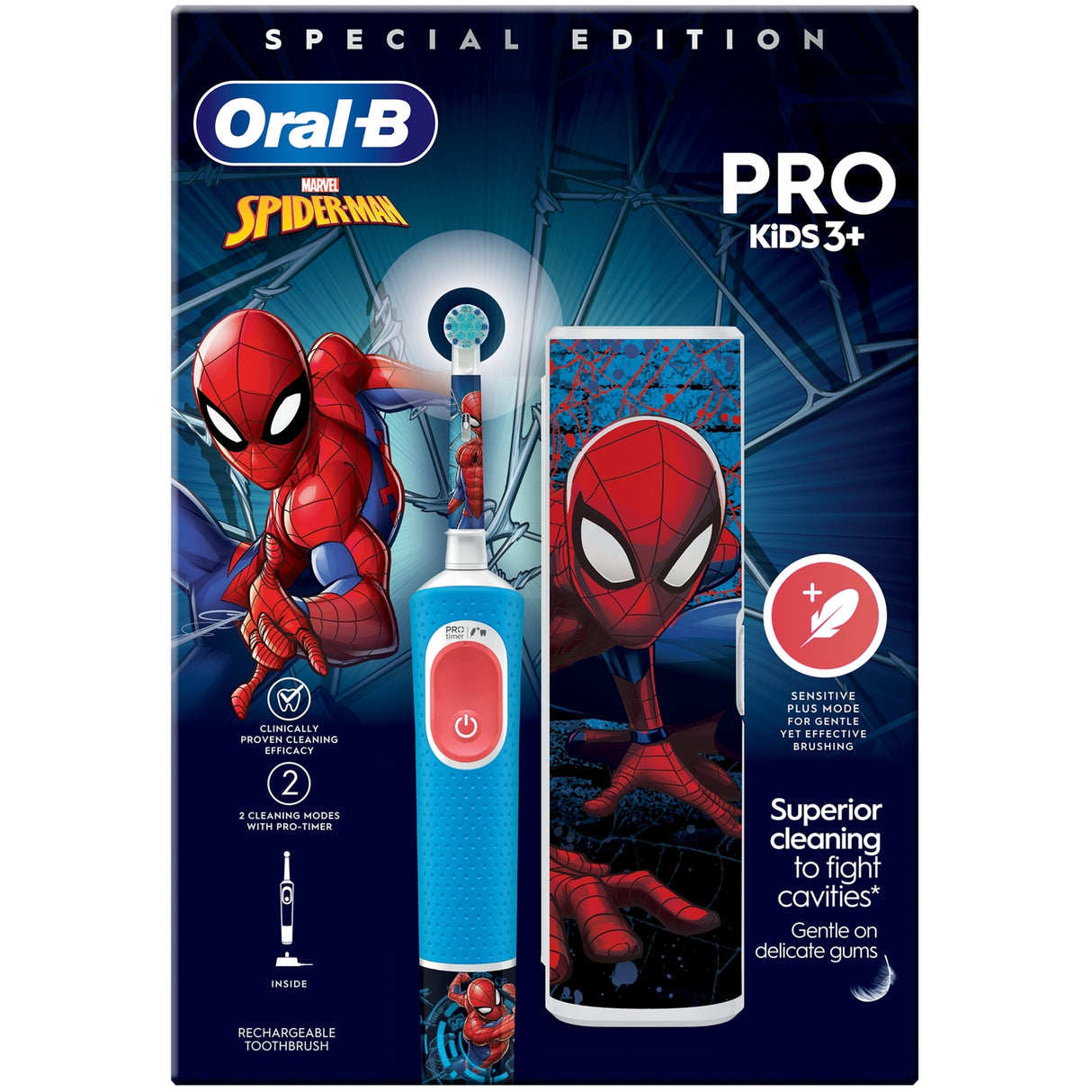 Children's electric toothbrush Oral-B Pro Kids Spiderman, 2D cleaning, 2 programs, 1 nozzle, 4 stickers, Blue