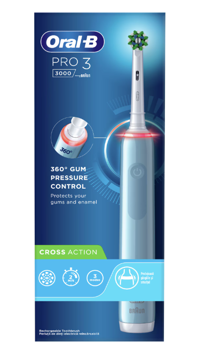 Electric toothbrush Oral-B Pro 3 Cross Action, 3D cleaning, 3 programs, 1 nozzle, Blue