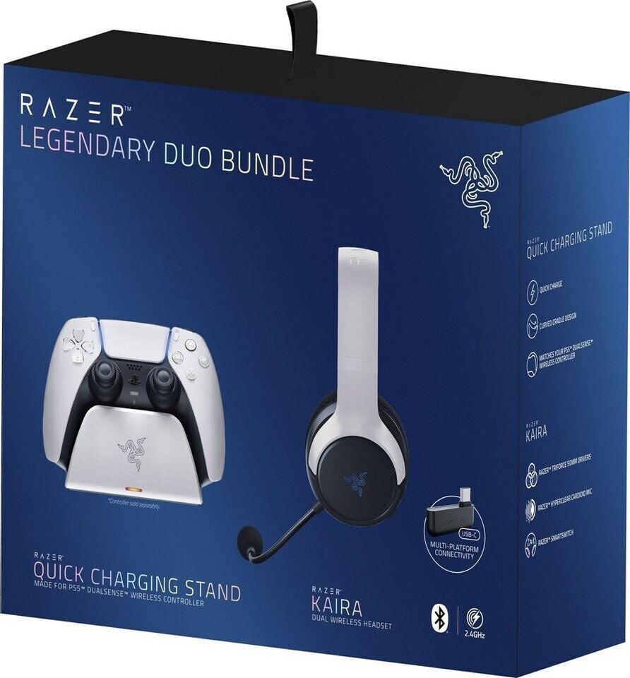 Razer Legendary Duo, слушалки Kaira + стойка за зареждане на PS5 контролер, Бял/Черен