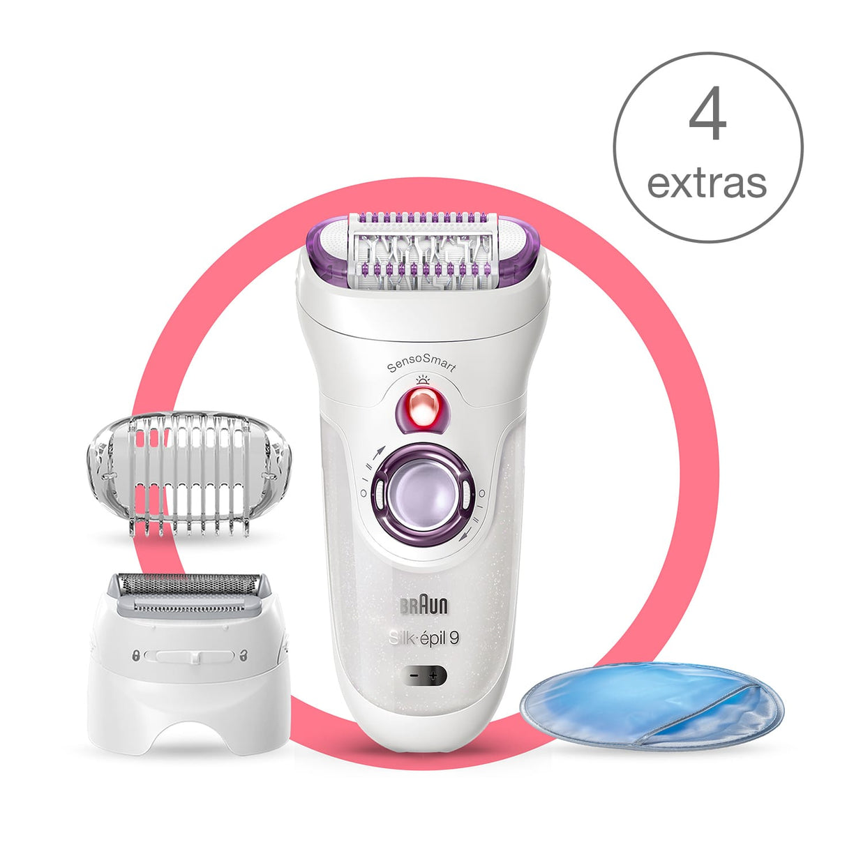 Епилатор Braun Silk 9 9/700 SensoSmart, Micro-Grip, мокър и сух, 40 пинсети, 2 скорости, пътна чанта, Бял/Лилав