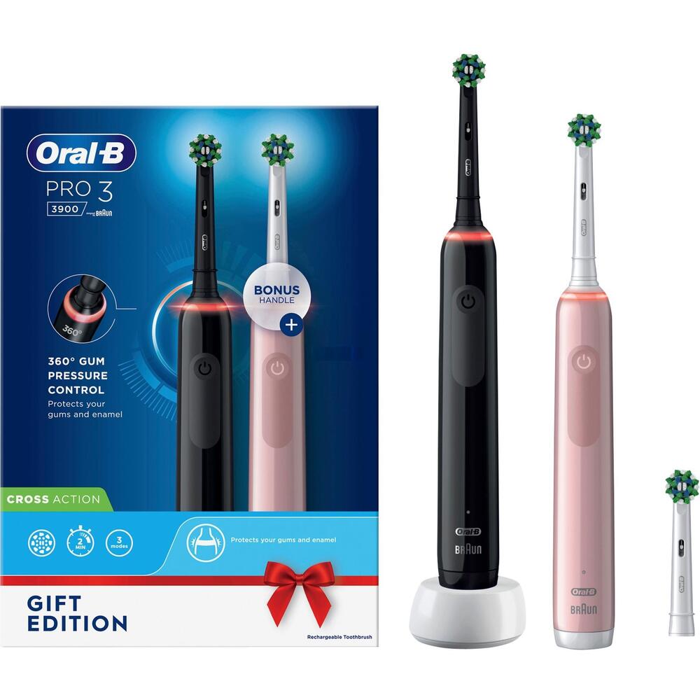 Set of 2 Electric Toothbrushes Oral-b Pro 3-3900, Pink and Black, 2 Handles with Visible Pressure Sensor, 2 Brush Heads