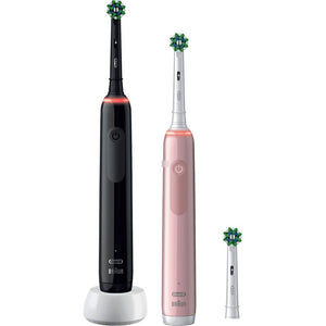 Set of 2 Electric Toothbrushes Oral-b Pro 3-3900, Pink and Black, 2 Handles with Visible Pressure Sensor, 2 Brush Heads