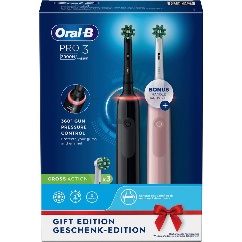 Set of 2 Electric Toothbrushes Oral-b Pro 3-3900, Pink and Black, 2 Handles with Visible Pressure Sensor, 2 Brush Heads