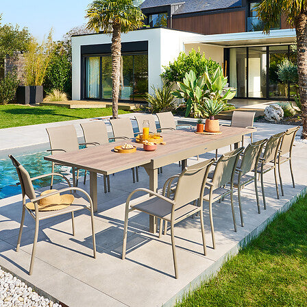 Piazza sliding extension extendable table 12 seats glass printed truffle coffee