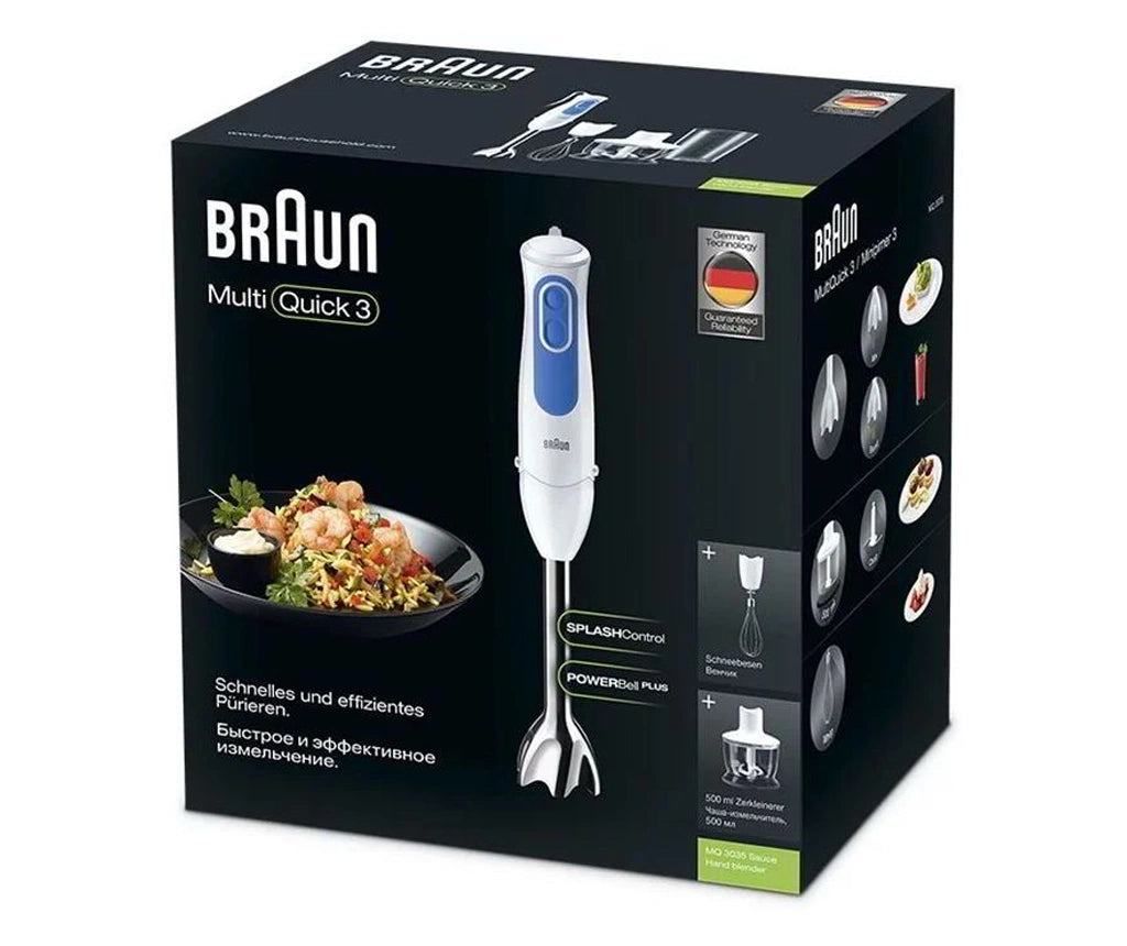 Blender Braun MultiQuick 3035 WH Sauce, 700W, 2 speeds, Chopper 0.5 l, Glass measuring cup 0.6 l, Wire, White/Blue