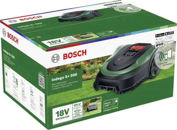 Bosch robotic lawnmower, Indego S+ 500, 18 V, 500 m2, Green/Black