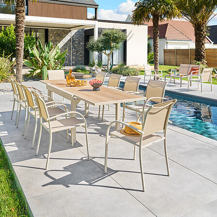 Piazza sliding extension extendable table 10 seats glass printed spelt clay