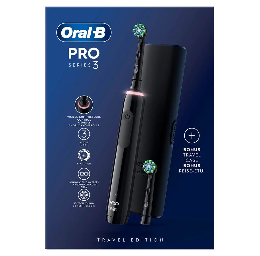 Electric toothbrush Oral-B Pro 3 3500 Cross Action, 3D cleaning, 3 programs, 2 heads included, Travel kit, Black