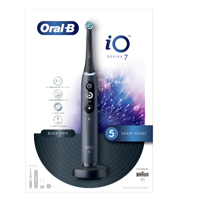 Electric toothbrush Oral-B iO7 with magnetic technology and micro-vibration, Artificial intelligence, LED interactive display, Smart pressure sensor, Visible timer, Magnetic charger, Travel set, Black