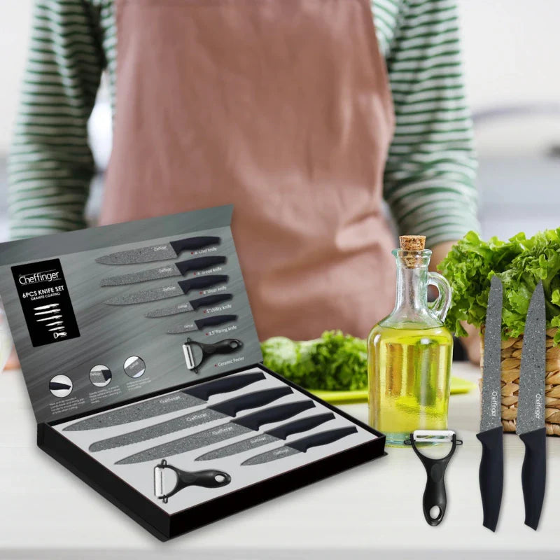 Knife set with peeler Cheffinger MB06, 6 pieces, antibacterial coating, granite