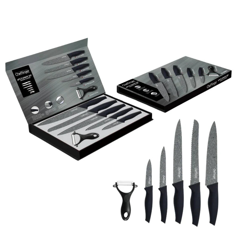 Knife set with peeler Cheffinger MB06, 6 pieces, antibacterial coating, granite