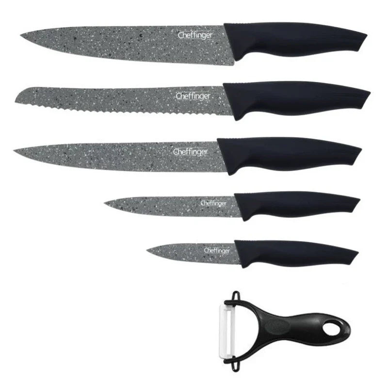 Knife set with peeler Cheffinger MB06, 6 pieces, antibacterial coating, granite