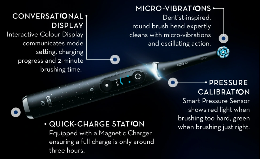 Electric toothbrush Oral-B iO10, Magnetic technology, Micro vibrations, Artificial intelligence, Led display, Smart pressure sensor, 3D Teeth Tracking function, 7 modes, 1 nozzle, Charger iO Sense, Travel set with charger, Black