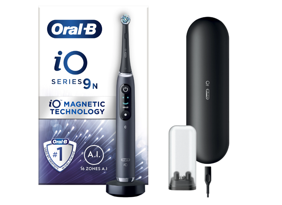 Oral-B iO9 Electric Toothbrush with Magnetic Technology and Microvibration, Artificial Intelligence, LED Display, Smart Pressure Sensor, Magnetic Charger, Travel Kit with Charger, Black