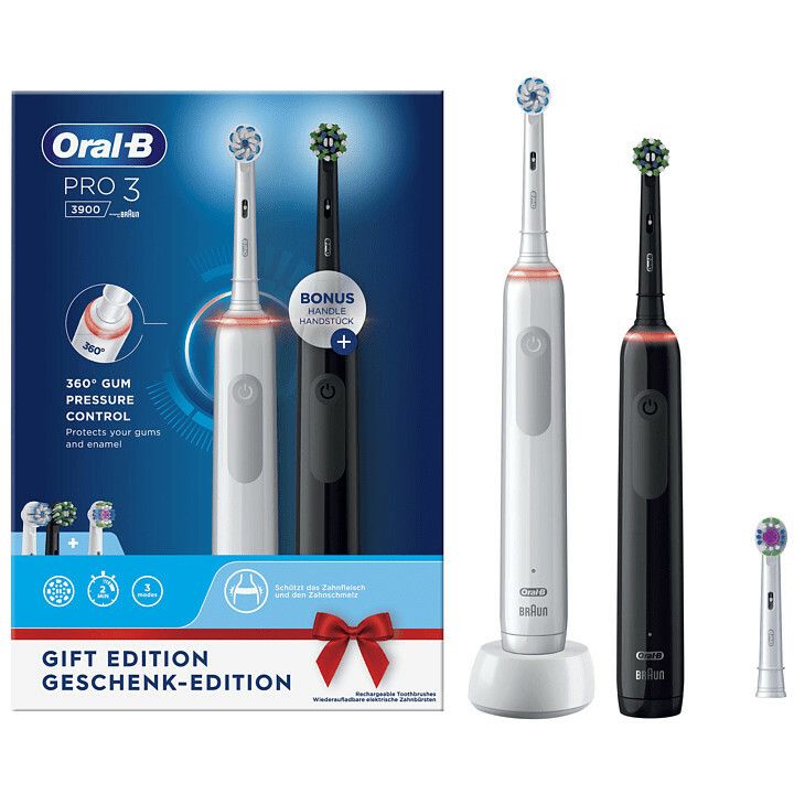 Set of 2 El. Oral-B Pro 3 Cross Action toothbrushes, 3D cleaning, 3 programs, 1 charger, Black/White